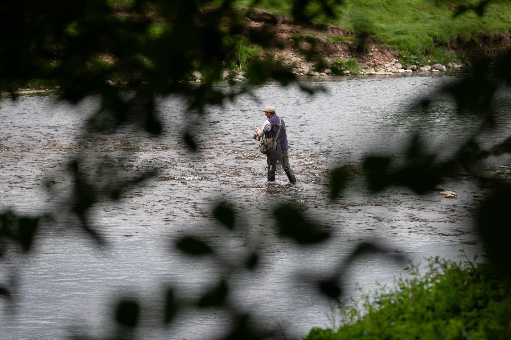 Tom Godber-Ford Moore fly fishing on the North Esk, seen through riverside foliage